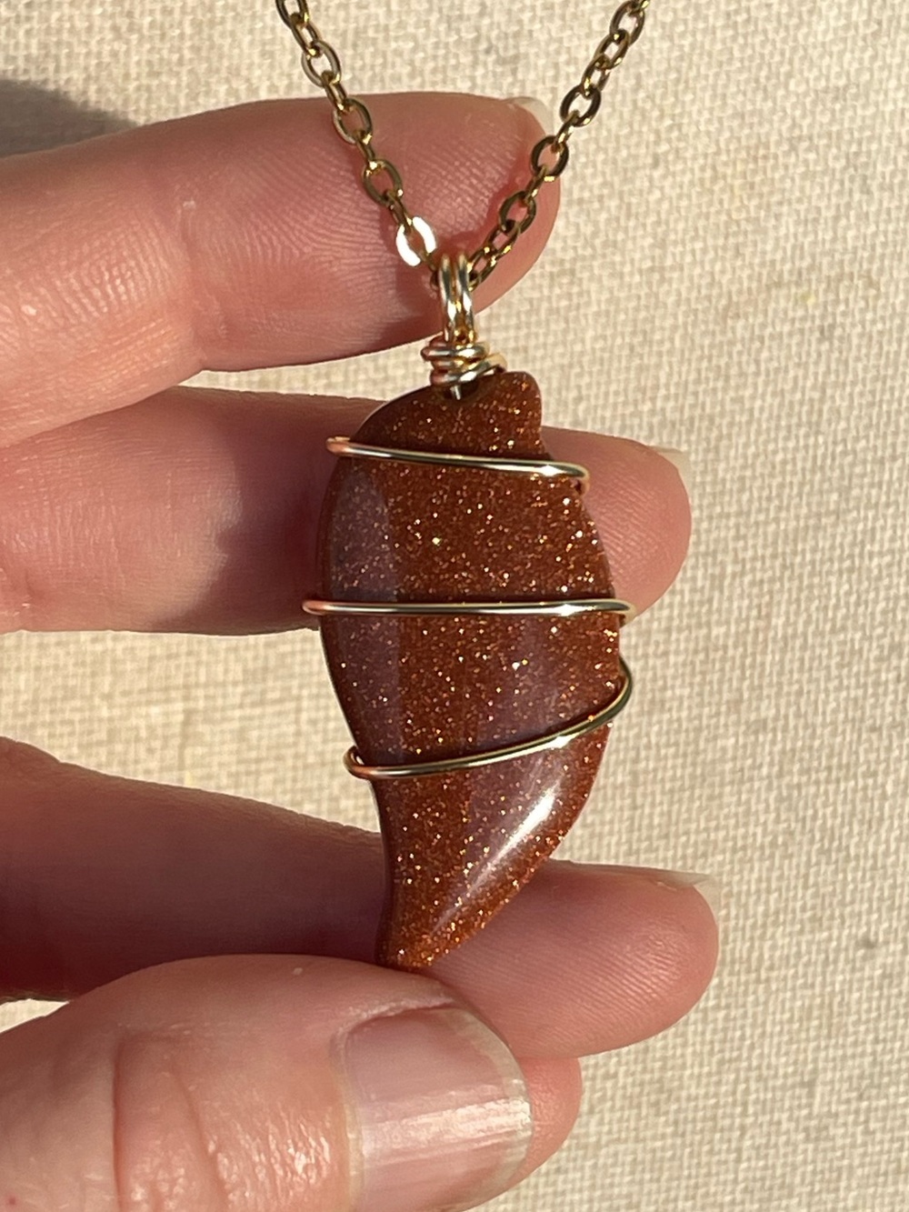 Goldstone / Sunstone Pendant Necklace with Gold Wire Wrap Brown Orange
